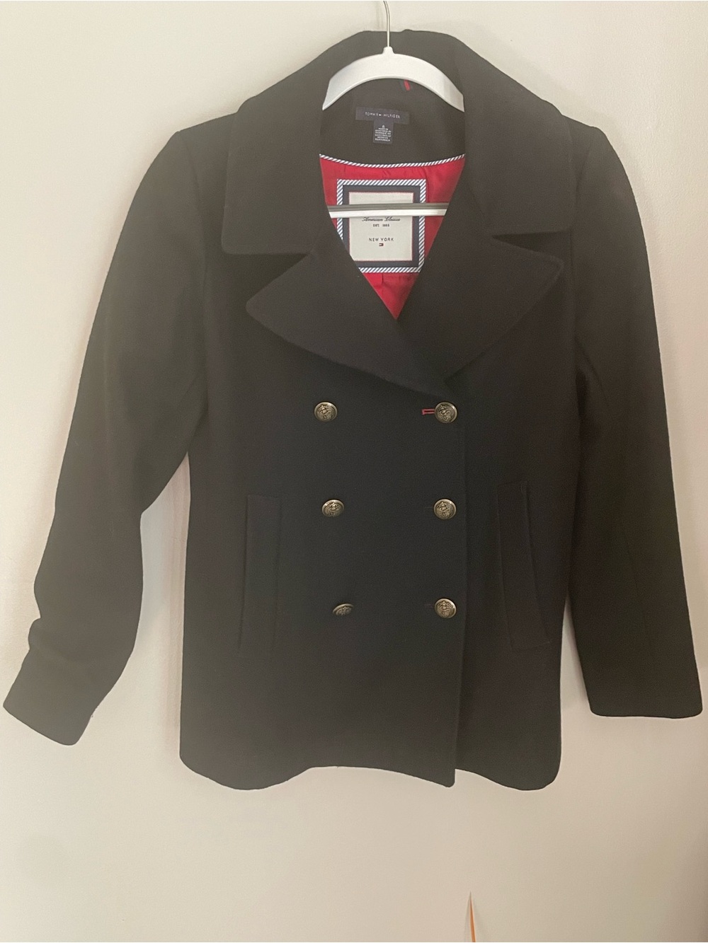 Tommy Hilfiger Black Peacoat Size 6 Double Breasted Wool Blend Red Lining